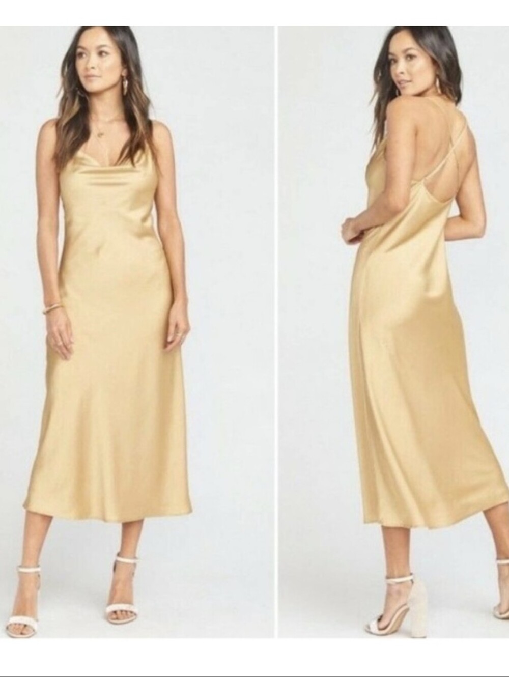 Show Me Your Mumu Verona Cowl Midi Dress Women's Small Gold Satin Dress